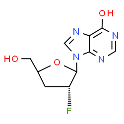ChemSpider 2D Image | 9-[(4xi)-2,3-Dideoxy-2-fluoro-D-glycero-pentofuranosyl]-9H-purin-6-ol | C10H11FN4O3
