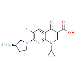 ChemSpider 2D Image | 7-[(3R)-3-Amino-1-pyrrolidinyl]-1-cyclopropyl-6-fluoro-4-oxo-1,4-dihydro-1,8-naphthyridine-3-carboxylic acid | C16H17FN4O3