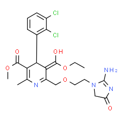 ChemSpider 2D Image | Methyl (5Z)-6-{[2-(2-amino-4-oxo-4,5-dihydro-1H-imidazol-1-yl)ethoxy]methyl}-4-(2,3-dichlorophenyl)-5-[ethoxy(hydroxy)methylene]-2-methyl-4,5-dihydro-3-pyridinecarboxylate | C23H26Cl2N4O6