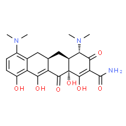 ChemSpider 2D Image | (4S,4aS,5aR,12aR)-4,7-Bis(dimethylamino)-1,10,11,12a-tetrahydroxy-3,12-dioxo-3,4,4a,5,5a,6,12,12a-octahydro-2-tetracenecarboxamide | C23H27N3O7