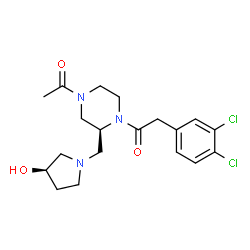ChemSpider 2D Image | 1-[(2S)-4-Acetyl-2-{[(3R)-3-hydroxy-1-pyrrolidinyl]methyl}-1-piperazinyl]-2-(3,4-dichlorophenyl)ethanone | C19H25Cl2N3O3