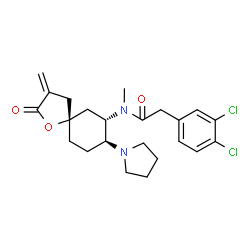 ChemSpider 2D Image | 2-(3,4-Dichlorophenyl)-N-methyl-N-[(5R,7S,8S)-3-methylene-2-oxo-8-(1-pyrrolidinyl)-1-oxaspiro[4.5]dec-7-yl]acetamide | C23H28Cl2N2O3