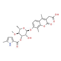 ChemSpider 2D Image | [7-({6-Deoxy-4-O-methyl-3-O-[(5-methyl-1H-pyrrol-2-yl)carbonyl]-alpha-L-mannopyranosyl}oxy)-4,8-dimethyl-2-oxo-2H-chromen-3-yl]acetic acid | C26H29NO10