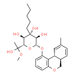 ChemSpider 2D Image | (2S,3R,4S,5R,6S)-2-[(1R)-1-Hydroxy-1-methoxyethyl]-6-{[(6aR,10aR)-9-methyl-6a,10a-dihydro-6H-benzo[c]chromen-1-yl]oxy}-4-pentyltetrahydro-2H-pyran-3,4,5-triol | C27H38O8