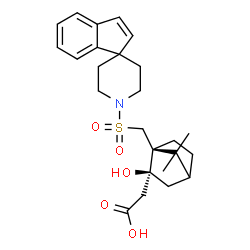 ChemSpider 2D Image | {(1S,2S)-2-Hydroxy-7,7-dimethyl-1-[(1'H-spiro[indene-1,4'-piperidin]-1'-ylsulfonyl)methyl]bicyclo[2.2.1]hept-2-yl}acetic acid | C25H33NO5S