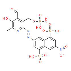ChemSpider 2D Image | 3-[(E)-{4-Formyl-5-hydroxy-6-methyl-3-[(phosphonooxy)methyl]-2-pyridinyl}diazenyl]-7-nitro-1,5-naphthalenedisulfonic acid | C18H15N4O14PS2