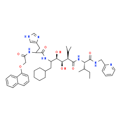 ChemSpider 2D Image | (2R,3R,4R)-6-Cyclohexyl-3,4-dihydroxy-5-{[3-(1H-imidazol-4-yl)-2-{[(1-naphthyloxy)acetyl]amino}propanoyl]amino}-2-isopropyl-N-{(2S,3R)-3-methyl-1-oxo-1-[(2-pyridinylmethyl)amino]-2-pentanyl}hexanamide | C45H61N7O7