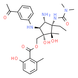 ChemSpider 2D Image | {(1S,2R,3S,4S,5S)-5-[(3-Acetylphenyl)amino]-4-amino-3-[(dimethylcarbamoyl)amino]-3-ethyl-1,2-dihydroxy-2-methylcyclopentyl}methyl 2-hydroxy-6-methylbenzoate | C28H38N4O7