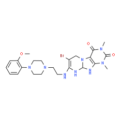 ChemSpider 2D Image | 7-Bromo-8-({2-[4-(2-methoxyphenyl)-1-piperazinyl]ethyl}amino)-1,3-dimethyl-6,9,9a,10-tetrahydropyrimido[2,1-f]purine-2,4(1H,3H)-dione | C23H31BrN8O3