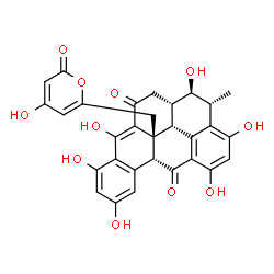 ChemSpider 2D Image | (4R,5R,5aS,12bR,13cS,13dR)-1,3,5,8,9,11-hexahydroxy-13d-[(4-hydroxy-2-oxo-2H-pyran-6-yl)methyl]-4-methyl-5a,12b,13c,13d-tetrahydro-4H-naphtho[2,1,8,7-ghij]tetraphene-7,13(5H,6H)-dione | C30H24O11