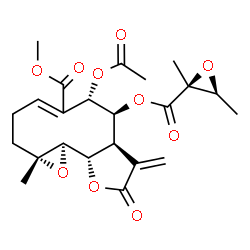 ChemSpider 2D Image | Methyl (1aR,6S,7S,7aR,10aS,10bR)-6-acetoxy-7-({[(2S,3S)-2,3-dimethyl-2-oxiranyl]carbonyl}oxy)-1a-methyl-8-methylene-9-oxo-1a,2,3,6,7,7a,8,9,10a,10b-decahydrooxireno[9,10]cyclodeca[1,2-b]furan-5-carbox
ylate | C23H28O10