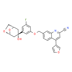 ChemSpider 2D Image | 7-({3-Fluoro-5-[(1S,3S,5R)-3-hydroxy-6,8-dioxabicyclo[3.2.1]oct-3-yl]phenoxy}methyl)-4-(3-furyl)-2-quinolinecarbonitrile | C27H21FN2O5