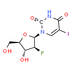 ChemSpider 2D Image | 1-(2-deoxy-2-fluoro-beta-D-arabinofuranosyl)-5-iodo(2-~14~C)pyrimidine-2,4(1H,3H)-dione | C814CH10FIN2O5