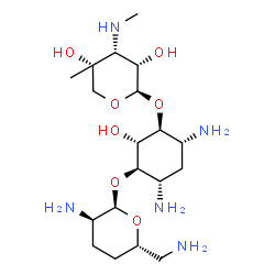 ChemSpider 2D Image | (1R,2S,3S,4R,6S)-4,6-Diamino-3-{[3-deoxy-4-C-methyl-3-(methylamino)-beta-L-ribopyranosyl]oxy}-2-hydroxycyclohexyl 2,6-diamino-2,3,4,6-tetradeoxy-alpha-D-erythro-hexopyranoside | C19H39N5O7
