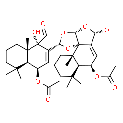 ChemSpider 2D Image | (2S,3aS,5S,7R,7aS,11aS,11bS)-2-[(1S,4R,4aS,8aS)-4-Acetoxy-1-formyl-1-hydroxy-5,5,8a-trimethyl-1,4,4a,5,6,7,8,8a-octahydro-2-naphthalenyl]-5-hydroxy-8,8,11a-trimethyl-5,7,7a,8,9,10,11,11a-octahydronaph
tho[1',2':3,4]furo[2,3-d][1,3]dioxol-7-yl acetate | C34H48O10