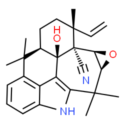 ChemSpider 2D Image | (5aS,6aR,6bR,7R,9aR,10dR)-10d-Hydroxy-5,5,7,10,10-pentamethyl-7-vinyl-5,5a,6a,8,9,9a,10,10d-octahydro-4H-6-oxa-4-azacyclopropa[6,7]cyclohepta[1,2,3,4-mno]aceanthrylene-6b(7H)-carbonitrile | C26H30N2O2