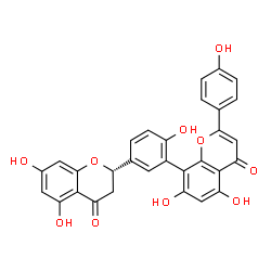 ChemSpider 2D Image | 8-{5-[(2S)-5,7-Dihydroxy-4-oxo-3,4-dihydro-2H-chromen-2-yl]-2-hydroxyphenyl}-5,7-dihydroxy-2-(4-hydroxyphenyl)-4H-chromen-4-one | C30H20O10