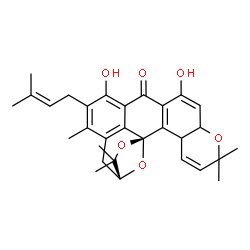 ChemSpider 2D Image | (3R,14cR)-7,9-dihydroxy-2,2,5,12,12-pentamethyl-6-(3-methylbut-2-en-1-yl)-3,4,12,14a-tetrahydro-2H,8H,10aH-3,14c-epoxyoxepino[2',3',4':1,8]naphtho[2,3-f]chromen-8-one | C30H34O6