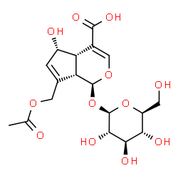 ChemSpider 2D Image | (1S,4aS,5S,7aS)-7-(Acetoxymethyl)-1-(beta-L-glucopyranosyloxy)-5-hydroxy-1,4a,5,7a-tetrahydrocyclopenta[c]pyran-4-carboxylic acid | C18H24O12