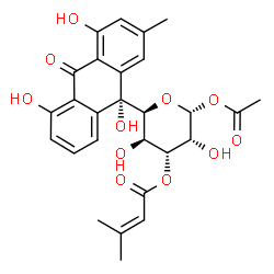 ChemSpider 2D Image | (5S)-1-O-Acetyl-3-O-(3-methyl-2-butenoyl)-5-[(9R)-4,5,9-trihydroxy-2-methyl-10-oxo-9,10-dihydro-9-anthracenyl]-beta-L-lyxopyranose | C27H28O11