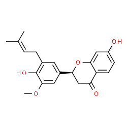 ChemSpider 2D Image | (2S)-7-Hydroxy-2-[4-hydroxy-3-methoxy-5-(3-methyl-2-buten-1-yl)phenyl]-2,3-dihydro-4H-chromen-4-one | C21H22O5