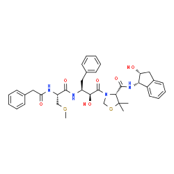 ChemSpider 2D Image | (4R)-N-[(1S,2R)-2-Hydroxy-2,3-dihydro-1H-inden-1-yl]-3-[(2S,3S)-2-hydroxy-3-{[S-methyl-N-(phenylacetyl)-L-cysteinyl]amino}-4-phenylbutanoyl]-5,5-dimethyl-1,3-thiazolidine-4-carboxamide | C37H44N4O6S2