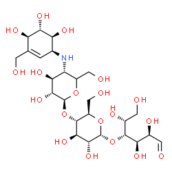 ChemSpider 2D Image | (5xi)-4-Deoxy-4-{[(1S,4R,5S,6S)-4,5,6-trihydroxy-3-(hydroxymethyl)-2-cyclohexen-1-yl]amino}-beta-D-xylo-hexopyranosyl-(1->4)-alpha-D-glucopyranosyl-(1->4)-D-glucose | C25H43NO19