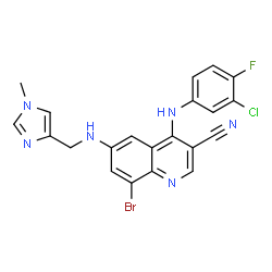ChemSpider 2D Image | 8-Bromo-4-[(3-chloro-4-fluorophenyl)amino]-6-{[(1-methyl-1H-imidazol-4-yl)methyl]amino}-3-quinolinecarbonitrile | C21H15BrClFN6