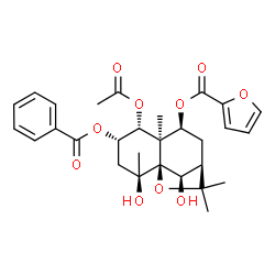 ChemSpider 2D Image | (1S,2R,4S,5R,6R,7S,9R,12R)-5-Acetoxy-4-(benzoyloxy)-2,12-dihydroxy-2,6,10,10-tetramethyl-11-oxatricyclo[7.2.1.0~1,6~]dodec-7-yl 2-furoate | C29H34O10