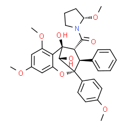 ChemSpider 2D Image | [(2R,3S,4R,5R,10S)-5,10-dihydroxy-6,8-dimethoxy-2-(4-methoxyphenyl)-3-phenyl-2,3,4,5-tetrahydro-2,5-methano-1-benzoxepin-4-yl][(2S)-2-methoxypyrrolidin-1-yl]methanone | C32H35NO8