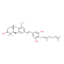 ChemSpider 2D Image | 2-[(2E)-3,7-Dimethyl-2,6-octadien-1-yl]-5-{(E)-2-[(2S,4aS,9aS)-2-hydroxy-5-methoxy-1,1,4a-trimethyl-2,3,4,4a,9,9a-hexahydro-1H-xanthen-7-yl]vinyl}-1,3-benzenediol | C35H46O5