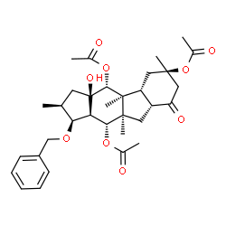 ChemSpider 2D Image | (1S,2S,3aR,4R,4aS,4bR,6R,8aR,9aR,10R,10aR)-1-(Benzyloxy)-3a-hydroxy-2,4a,6,9a-tetramethyl-8-oxohexadecahydrocyclopenta[b]fluorene-4,6,10-triyl triacetate | C33H44O9