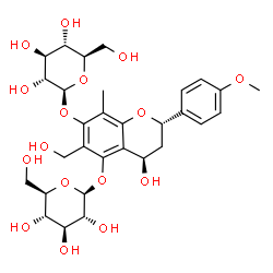 ChemSpider 2D Image | (2S,4R)-5-(beta-D-Glucopyranosyloxy)-4-hydroxy-6-(hydroxymethyl)-2-(4-methoxyphenyl)-8-methyl-3,4-dihydro-2H-chromen-7-yl beta-D-glucopyranoside | C30H40O16