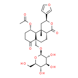 ChemSpider 2D Image | (2S,4aR,6aR,10S,10aS,10bS)-2-(3-Furyl)-6a-[(beta-D-glucopyranosyloxy)methyl]-10b-methyl-4,7-dioxododecahydro-2H-benzo[f]isochromen-10-yl acetate | C27H36O12