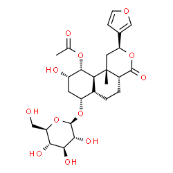 ChemSpider 2D Image | (2S,4aR,6aS,7R,9S,10R,10aR,10bS)-2-(3-Furyl)-7-(beta-D-glucopyranosyloxy)-9-hydroxy-10b-methyl-4-oxododecahydro-2H-benzo[f]isochromen-10-yl acetate | C26H36O12