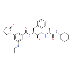 ChemSpider 2D Image | N-[(1S,2R)-1-benzyl-3-{[(1S)-2-(cyclohexylamino)-1-methyl-2-oxoethyl]amino}-2-hydroxypropyl]-3-(ethylamino)-5-(2-oxopyrrolidin-1-yl)benzamide | C32H45N5O4