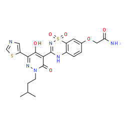 ChemSpider 2D Image | 2-({3-[5-Hydroxy-2-(3-methylbutyl)-3-oxo-6-(1,3-thiazol-5-yl)-2,3-dihydro-4-pyridazinyl]-1,1-dioxido-2H-1,2,4-benzothiadiazin-7-yl}oxy)acetamide | C21H22N6O6S2