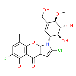 ChemSpider 2D Image | 2,6-Dichloro-1-[(1R,4R,5R,6S)-5,6-dihydroxy-3-(hydroxymethyl)-4-methoxy-2-cyclohexen-1-yl]-5-hydroxy-8-methylchromeno[2,3-b]pyrrol-4(1H)-one | C20H19Cl2NO7