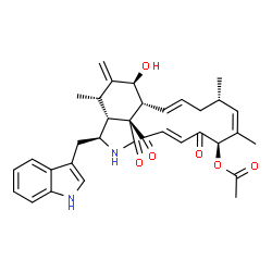 ChemSpider 2D Image | 1H-cyclotridec[d]isoindole-1,14,17-trione, 13-(acetyloxy)-2,3,3a,4,5,6,6a,9,10,13-decahydro-6-hydroxy-3-(1H-indol-3-ylmethyl)-4,10,12-trimethyl-5-methylene-, (3S,3aR,4S,6S,6aR,7E,10S,11Z,13R,15E,17aR)- | C34H38N2O6