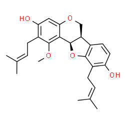 ChemSpider 2D Image | (6aR,11aR)-1-Methoxy-2,10-bis(3-methyl-2-buten-1-yl)-6a,11a-dihydro-6H-[1]benzofuro[3,2-c]chromene-3,9-diol | C26H30O5