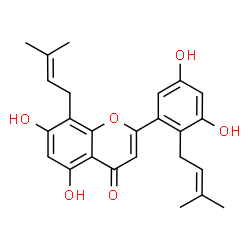 ChemSpider 2D Image | 2-[3,5-Dihydroxy-2-(3-methyl-2-buten-1-yl)phenyl]-5,7-dihydroxy-8-(3-methyl-2-buten-1-yl)-4H-chromen-4-one | C25H26O6