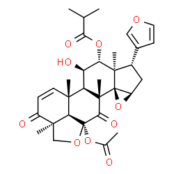 ChemSpider 2D Image | (1aR,3S,3aR,4R,5R,5aR,5bR,8aS,10aR,10bR,11aR,11bR)-10a-Acetoxy-3-(3-furyl)-5-hydroxy-3a,5b,8a,11a-tetramethyl-8,11-dioxo-2,3,3a,4,5,5a,5b,8,8a,9,10a,10b,11,11a-tetradecahydro-1aH-oxireno[2',3']cyclope
nta[1',2':7,8]phenanthro[10,1-bc]furan-4-yl 2-methylpropanoate | C32H38O10