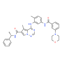 ChemSpider 2D Image | 5-Methyl-4-[(2-methyl-5-{[3-(4-morpholinyl)benzoyl]amino}phenyl)amino]-N-[(1S)-1-phenylethyl]pyrrolo[2,1-f][1,2,4]triazine-6-carboxamide | C34H35N7O3