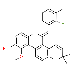 ChemSpider 2D Image | (5Z)-5-(2-Fluoro-3-methylbenzylidene)-10-methoxy-2,2,4-trimethyl-2,5-dihydro-1H-chromeno[3,4-f]quinolin-9-ol | C28H26FNO3