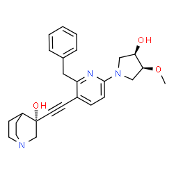 ChemSpider 2D Image | (3R)-3-({2-Benzyl-6-[(3R,4S)-3-hydroxy-4-methoxy-1-pyrrolidinyl]-3-pyridinyl}ethynyl)quinuclidin-3-ol | C26H31N3O3