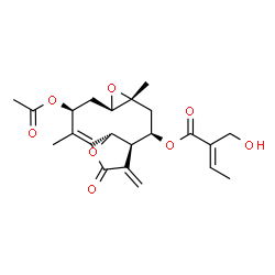 ChemSpider 2D Image | (1aR,3S,4Z,5aR,8aR,9R,10aR)-3-Acetoxy-4,10a-dimethyl-8-methylene-7-oxo-1a,2,3,5a,7,8,8a,9,10,10a-decahydrooxireno[5,6]cyclodeca[1,2-b]furan-9-yl (2E)-2-(hydroxymethyl)-2-butenoate | C22H28O8
