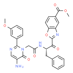 ChemSpider 2D Image | Methyl 2-(N-{[5-amino-2-(3-methoxyphenyl)-6-oxo-1(6H)-pyrimidinyl]acetyl}-L-phenylalanyl)-1,3-benzoxazole-5-carboxylate | C31H27N5O7
