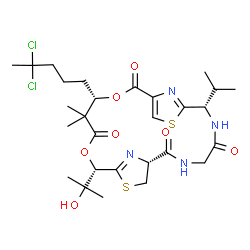 ChemSpider 2D Image | (1R,7S,14S,18S)-14-(4,4-Dichloropentyl)-18-(2-hydroxy-2-propanyl)-7-isopropyl-15,15-dimethyl-13,17-dioxa-9,20-dithia-3,6,22,23-tetraazatricyclo[17.2.1.1~8,11~]tricosa-8(23),10,19(22)-triene-2,5,12,16-
tetrone | C28H40Cl2N4O7S2