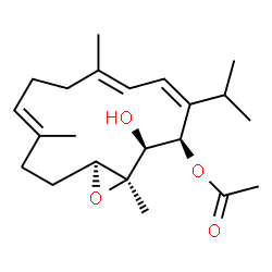 ChemSpider 2D Image | (1R,2S,3R,4Z,6E,10E,14S)-2-Hydroxy-4-isopropyl-1,7,11-trimethyl-15-oxabicyclo[12.1.0]pentadeca-4,6,10-trien-3-yl acetate | C22H34O4