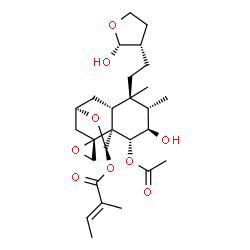 ChemSpider 2D Image | (1R,2R,3R,4S,5R,6R,8R,10R,11R)-2-Acetoxy-3-hydroxy-5-{2-[(2R,3S)-2-hydroxytetrahydro-3-furanyl]ethyl}-4,5-dimethylspiro[12-oxatricyclo[6.2.2.0~1,6~]dodecane-10,2'-oxiran]-11-yl (2E)-2-methyl-2-butenoa
te | C27H40O9